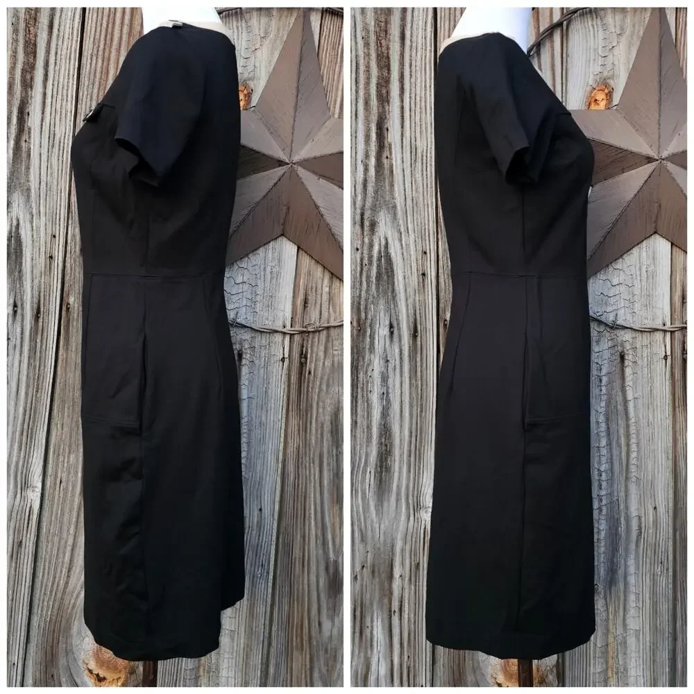 Black Knit Dress Tan Contrast Trim Epaulet Brooks Brothers Size 2 Stretch Pocket - Picture 2 of 9